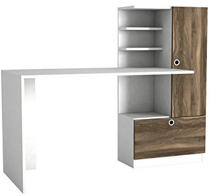 5054 Merinos Schreibtisch Computertisch Arbeitstisch Bürotisch Laptoptisch PC Tisch für Büro, Holz, Weiß Walnuss, großes Regalelement, Ablagefächer, 149,5 x 61,8 x 73,8 cm