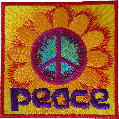 ELLU Peace-Zeichen Aufnäher zum Aufbügeln auf Kleidung - Blume, Hippie-Symbol bestickt - 1 Stück - Mittel - Stoff - Aufbügeln