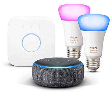 Das neue Echo Dot (3. Gen.), Anthrazit Stoff + Philips Hue White und Color Starter Set