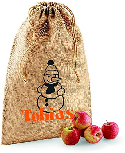 Nikolaus-säckchen mit Namen | Jute-Beutel personalisiert & Bedruckt | Motiv Schneemann | Weihnachten Kinder Geschenk | Verschiedene Größen leer zum befüllen | groß und klein (S 25 x 30 cm)