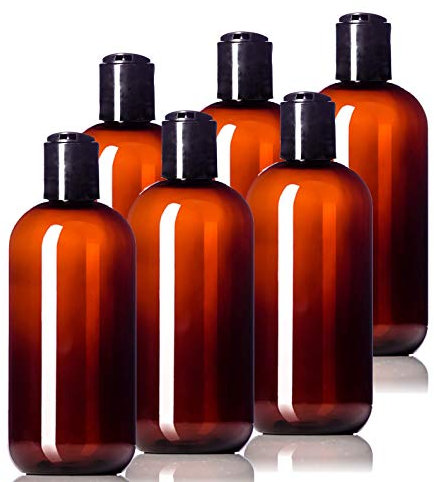 Lot de 6 bouteilles en plastique 226,8 g sans BPA avec étiquettes incluses ambre Disc Cap