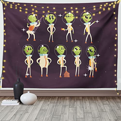 ABAKUHAUS Ausländer Wandteppich, Little Green UFO in Suits, aus Weiches Mikrofaser Stoff Klare Farben ohne verblassen Druck, 150 x 110 cm, Dunkle Mauve Apfelgrün