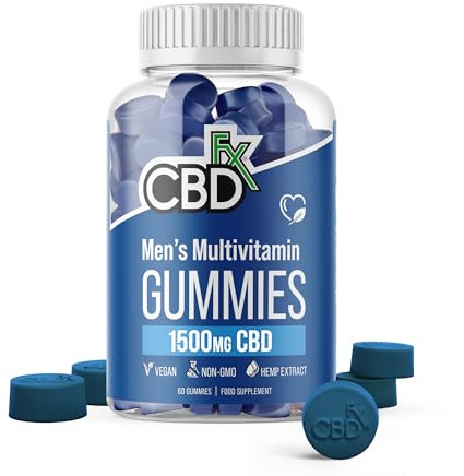 CBDfx 1500mg CBD High Strength Men's Multivitamin Gummies, Vitamins A, C, D3, E, B6, B12, Zinc, Biotin, Iodine, 60 Gummies (30 Days)