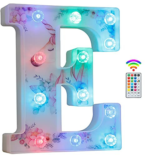 Unicorn Light Up Letters, LED Letter Lights 18 Color Changing Diamond Alphabet Sign Unicorn Gifts for Girls Women Party Birthday Decorations Remote Night Light Christmas Valentine Wall Table Decor - E