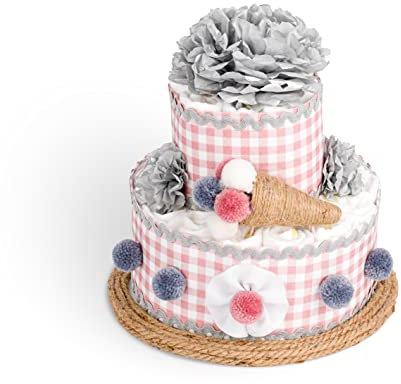 Gâteau de couches Dodot unisexe rose à deux niveaux. Cadeau original pour nouveau-né. Ensemble bébé. Nouveau cadeau de maman. Panier de naissance. Fête pour accueillir le bébé. Baby shower