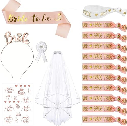 Lecone Junggesellinnenabschied Deko Armband Set,16PCS Braut to Be&Team Bride Armbänder Set mit 10 Team Braut Armbänder,1 Braut Armband,Schleier,Abzeichen,Tiara,Accessoires Frauen