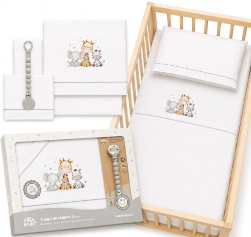 Sabanas Cuna 60x120 100% Algodon Set 3 piezas con Sabana Bajera Transpirable Ajustable Lavable Funda Almohada Suave Pack para Descanso de Bebes y Recien Nacidos Elefantes/Jirafas + Chupetero