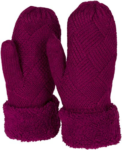 styleBREAKER Damen warme Winter Strick Fäustlinge, Handschuhe mit Rauten Muster, Thermo Fleece, Strickhandschuhe 09010031, Farbe:Bordeaux-Rot