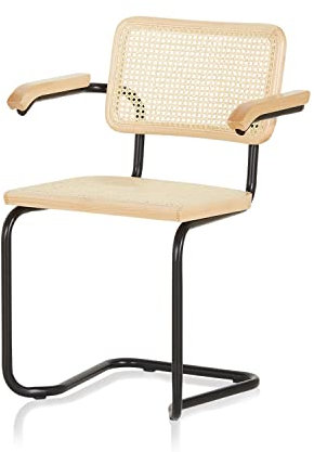 KHG Schwingstuhl Freischwinger mit Armlehnen schwarz - Rückenlehne und Sitzfläche aus Massivholz Buche und Rattan - Esszimmerstuhl, Küchenstuhl Design Stuhl mit Wiener Geflecht