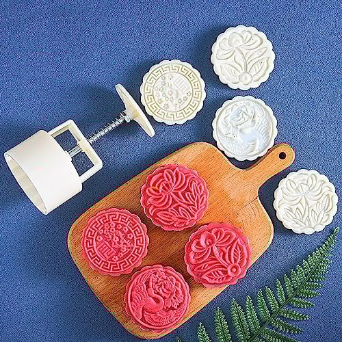 Mooncake Mold Cookie Stamps, 125G 3D Flowers Moon Cake Mold Cookie Press Set Cake DIY Mould Baking Accessories Making Traditional Festival Mooncakes Fondant Dessert Cupcake 6 Stamps, White