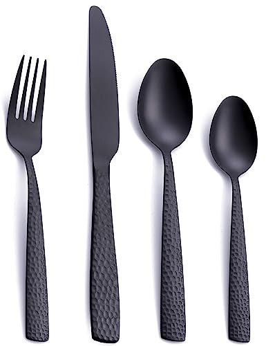 FULLYWARE Cubertería de plata de 24 piezas, color negro mate, 6 piezas, cubiertos de acero inoxidable, tenedor, cuchara, cuchillo de cocina, apto para lavavajillas