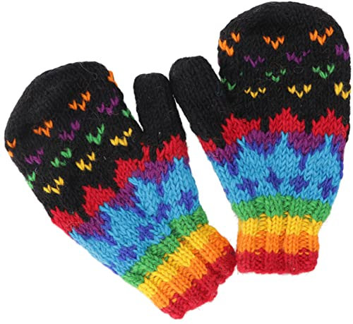 GURU SHOP Handschuhe aus Wolle, Fauster, Handgestrickte Fausthandschuhe aus Nepal - Schwarz/bunt, Herren/Damen