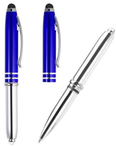 PATIKIL 2 Pack 3 in 1 Metal Pen, Black Ink 1.0mm Medium Point Stylus Pen for Touch Screens, LED Flashlight, Blue