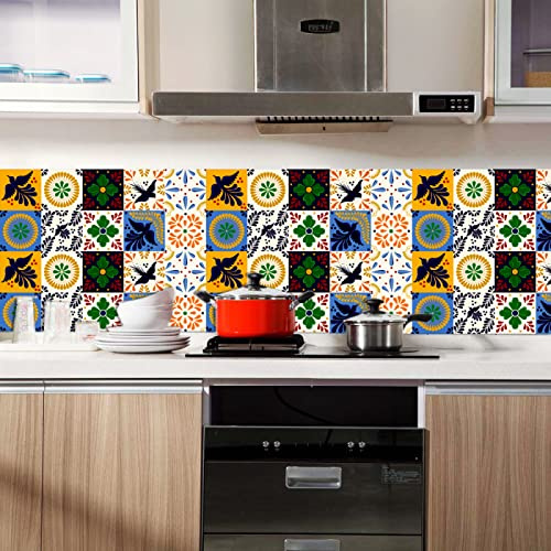 Stickers Carrelage 20X20 Vert, Fleurs Jaunes, Oiseaux Bleus Sticker Carrelage Salle De Bain,Stickers De Escalier,Décoration Murale Adhésive En Pvc Imperméable(16Pcs)