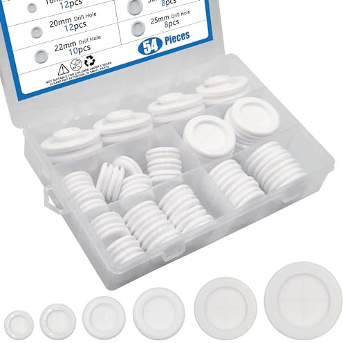 BESTYCHAO 54Pcs Rubber Grommets Kit, 6Sizes Closed Drill Hole Firewall Hole Plugs, Double-Sides Rubber Grommets Eyelet Ring Gasket for Electrical Wire Protection -White
