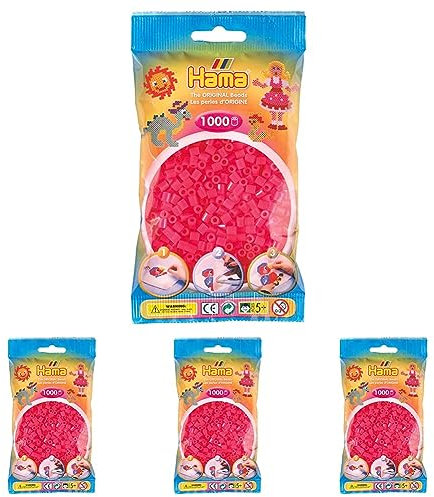 Hama Perlen 207-32 Bügelperlen Beutel mit ca. 1.000 Midi Bastelperlen mit Durchmesser 5 mm in Neon Pink, kreativer Bastelspaß für Groß und Klein (Packung mit 4)