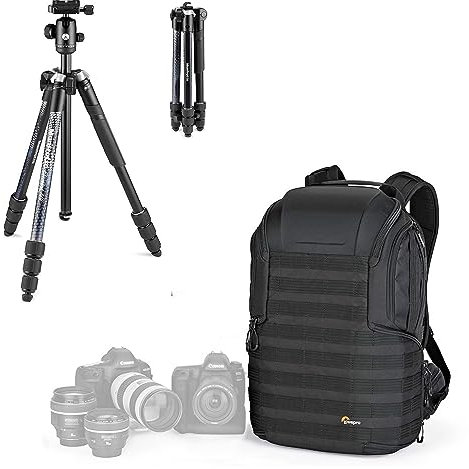 Lowepro Element MII Camera, Trípode de viaje de aluminio con cabezal de bola para cámaras compactas, CSC, DSLR y mochila ProTactic 450AW II para cámaras profesionales, drones, creadores de contenido