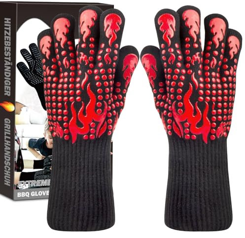 Karrong Grillhandschuhe Hitzebeständig bis 800°C, Feuerfeste Ofenhandschuhe Topfhandschuhe Handschuhe BBQ Handschuhe Kochhandschuhe Backhandschuhe Backofenhandschuhe (Rot, L/XL)