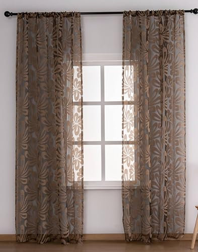 Homxi Balkon Vorhang Außen Transparent 2er Set,2 x 96W x 115H cm,Gardinen aus Tüll Braun Blumen Muster Vorhang mit Taschen