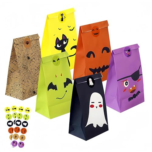 24 Stück Halloween Candy Tüte, 24x13x8cm Partytüten Papiertüten Klein mit 24 Stickern, 6 Farben Geschenktüten für Kinder Halloween Party Geburtstag Trick or Treat Taschen