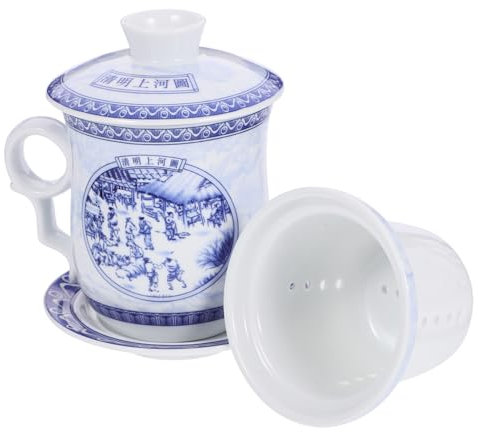 CIYODO 1set Chinese Blue and White Ceramic Teacup with Infuser and Lid Traditional Tea Serving Cups for Home and Office Decorative Water Containers for Tea Brewing