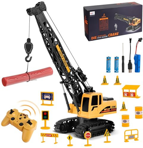 Joellfuner Grue Telecommandée, Grue Enfant avec 12 Miniatures d'ingénierie, Jouet avec Lumières et Sons Réalistes, Cadeaux d'anniversaire/de Noël pour Garçons et Filles