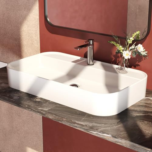 EMKE Lavabo sobre encimera de baño, 70 x 40 x 11 cm, Lavabo de baño rectangular en cerámica Arc, Blanco brillante