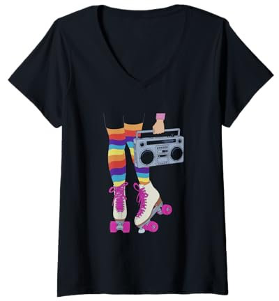 Damen Retro Rollschuhe Lustige 80er Jahre Roller Disco Skating Oldskool T-Shirt mit V-Ausschnitt