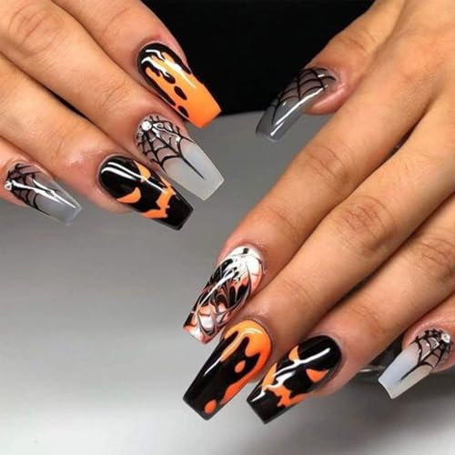Halloween Fake Nails,24pcs Long Funny Faces Fake Nails,Halloween Press on Nails,Acrylic French Stick on Nails with Glue, Full Cover Fake Nails (Yellow Pumpkin, 1)