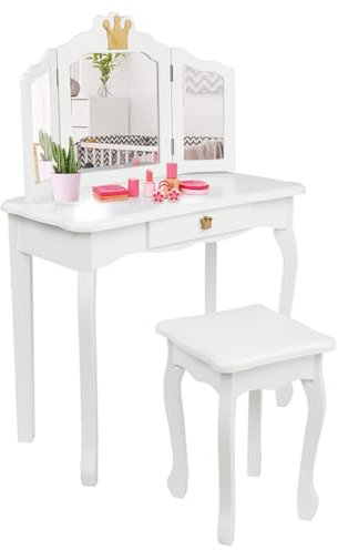 LALAHO Schminktisch Kinder mit Hocker Frisiertisch Kinderschminktisch für Mädchen Frisierkommode mit Schublade mit Zwei 180°-Klappspiegeln für 4-9 Jahren (Weiß)