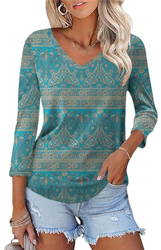 Rapbin Womens Tunic Boho Tops for 3/4 Long Sleeve Casual Ladies V Neck Loose Fit Blouses Summer Spring 2025