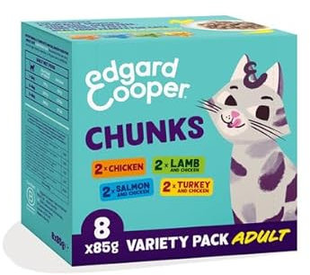 Edgard Cooper Comida húmeda para Gatos en Salsa, Multipack Pollo-Cordero-Salmon-Pavo 8 x 85g, sin Cereales, nutrición Sabrosa y equilibrada, proteínas