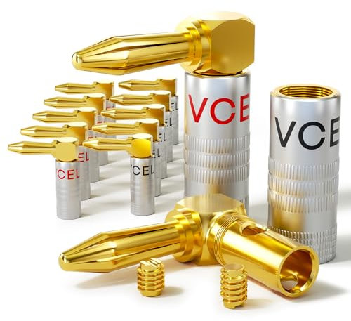 VCELINK Right Angle Banana Plugs 6 Pairs (12 Pcs), 24K Gold Plated 90 Degree Speaker Connectors, Dual-Screw, for 12-18 AWG Speaker Wires, Wall Plate, Home Theater
