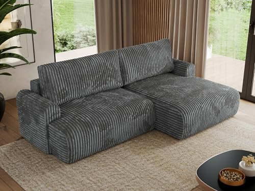 MKS MEBLE Sofa L-Form, Ecksofa mit Schlaffunktion, Wohnlandschaft L-Form, Schlafsofa mit Bettkasten, Bettsofa - Tono L - Dunkelgrau Cord - Rechts