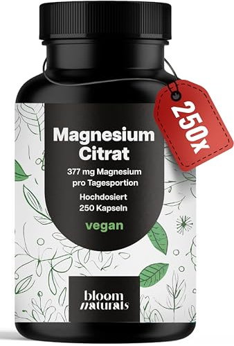 Magnesiumcitrat Kapseln hochdosiert – 250 Kapseln – 377 mg pro Tag | Magnesiumcitrat – vegan, produziert in Deutschland, laborgeprüft