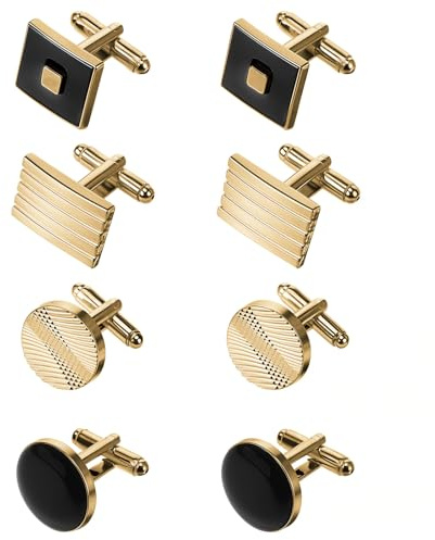 COMNICO 4 Pairs Cufflinks for Men Classic Tone Cuff Links Fashion Men Cufflinks Gold Striped Disc Square Rectangle Cuff Links for Business Wedding Party Gift Box