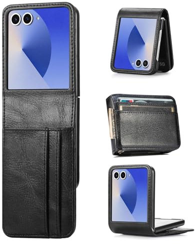 ZCDAYE Étui de protection pour téléphone portable Samsung Galaxy Z Flip 7 avec compartiment pour cartes - En cuir robuste - Pour homme et femme - Étui de protection à rabat - Noir