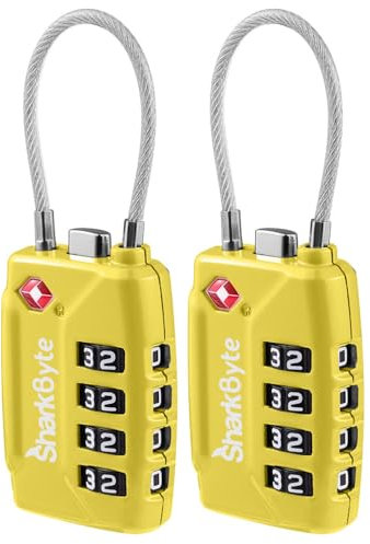 SharkByte Lot de 2 cadenas à combinaison approuvés par la TSA - Cadenas de sécurité à 4 chiffres - Câble flexible pour valises, bagages, sacs de voyage, casier de gym - Petit cadenas avec code