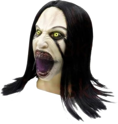 Quixotical Gruselige weinende Frauen Horror Maske mit Perücke, Vollkopf Latex Dämon Geistermaske für Halloween, Zombie Kostüm Zubehör für Erwachsene, Spukhaus Deko