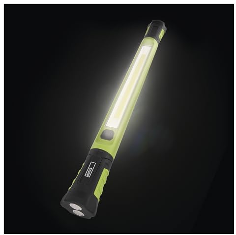 EMOS - aufladbare COB LED-Arbeitsleuchte - Magnetfuß, Haken, verstellbar - stoßbeständig, wasserdicht - max. 1000lm, 40m, 6h - 2 Leuchtmodi - mit USB-Kabel - IP43 für Außenbereich - schwarz-grün