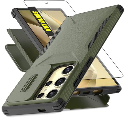 AWZHYDT for Samsung Galaxy S24 Ultra Case with Built-in Slide Camera Cover & Screen Protector, [2 in 1] Heavy Duty Rugged Shockproof Protective Cover for Galaxy S24 Ultra(Pine Green)