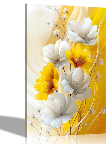 Artley Prints - Yellow White Abstract Flowers Framed Canvas Wall Pictures Flower Print for Living Room Décor Home Conservatory Decoration 60 x 40cm (24 x 16 inches) A2
