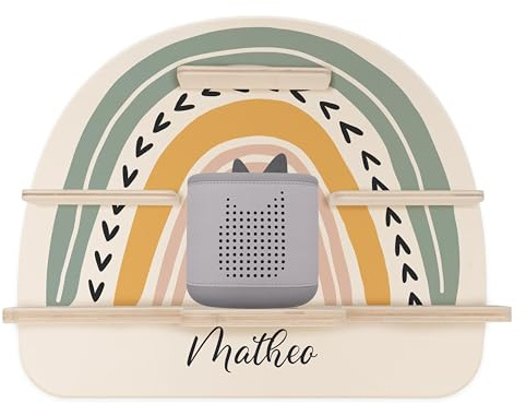 Kidsmood Tonie Regal Mädchen Jungen mit Namen – passend für Toniebox 2 | Personalisiertes Geschenk zur Taufe und zum Geburtstag, Regal für Hörfiguren aus Holz mit 24 Metallplättchen