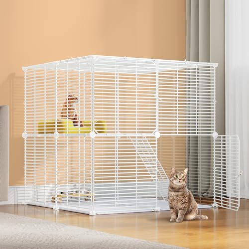 YITAHOME Cats Cage Indoor/Outdoor with Metal Wire Dense, 71x71x71cm DIY Cats Enclosures Catio with Ladder, Metal Kitty Playpen 2-Tiers Kennels Pet Crate, Animals Cage for Bunny, Chinchilla