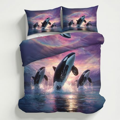 Generisch Orca Bettwäsche 135x200 2teilig, Meer Schwertwal Bettwäsche-Sets mit Reißverschluss, Microfaser Weiche Bettbezug mit Kissenbezüge 80×80 GS*22