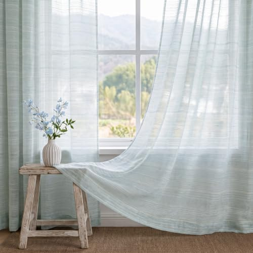 Salbeigrün Gardinen mit Ösen Voile Transparent Leinen-Vorhäng Durchsichtig für Wohnzimmer Modern Schlafzimmer Kinderzimmer Lichtdurchlaessig Tüll Sheer Curtains Boho Landhaus H245 x B140 cm 2er set