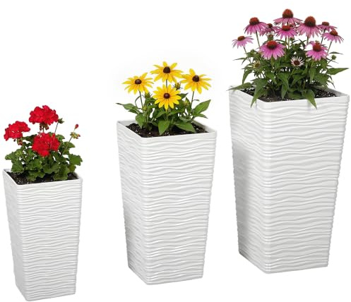 Outsunny Set di 3 Vasi da Esterno Impilabili Quadrati 42/55/65 cm Bianco | Motivo Ondulato, Vasi per Piante in Plastica per Fiori, Fori di Drenaggio