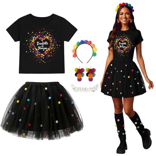 Beichwtd 5PC Konfetti Kostüm Damen, Konfetti im Herzen Fasching Karneval Konfetti Kostüm Outfit T-Shirt, Weiß Damen Tüllrock, Haarreif Mit Pompoms Bunt, Ohrringe, Aufkleber