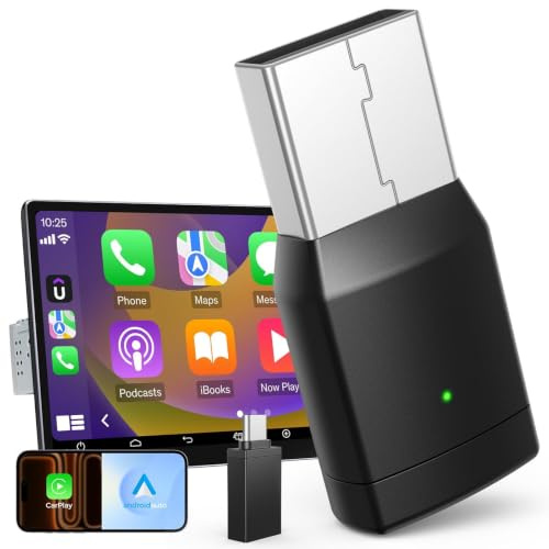 Adaptador Inalámbrico 2 en 1 para CarPlay y Android Auto, Mini Dongle USB/USB-C Plug and Play, Conexión Automática WiFi de 5,8 GHz y BT 5,3, iOS y Android