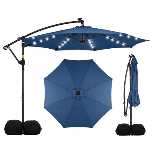 RELAX4LIFE Parasol déporté 3x3M avec LED solaire (Bleu foncé) | Parasol de jardin extérieur rotatif à 360°, 8 branches, base croisée et 2 sacs de sable pour terrasse et piscine